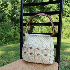 Vintage 70’s Boho Bag Hand Crafted Macrame Knit Ivory wood bead Purse